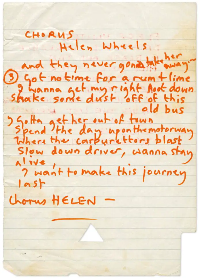 Paul McCartney's handwritten lyrics for Helen Wheels
