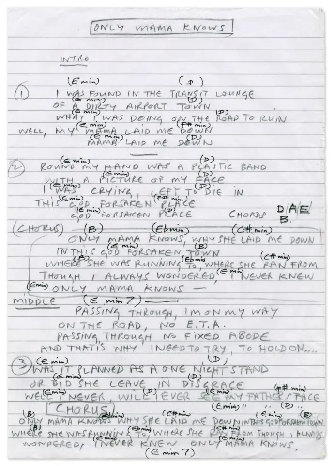 Paul McCartney's handwritten lyrics for Only Mama Knows