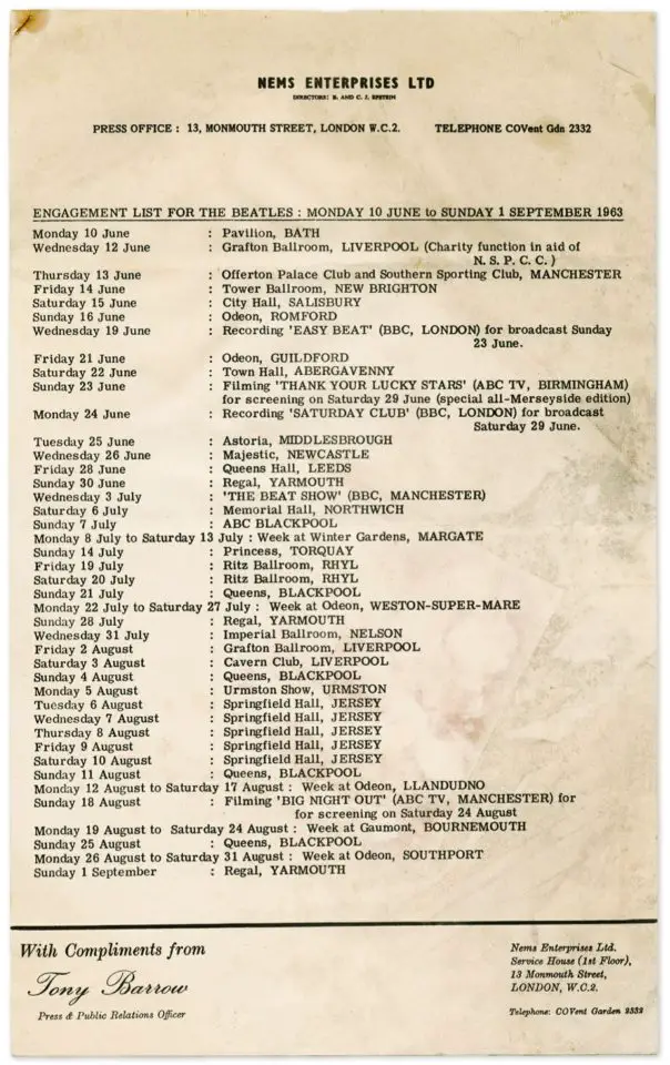 The Beatles' summer 1963 itinerary