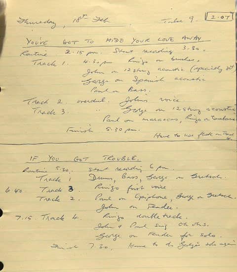 George Martin's session notes for You've Got To Hide Your Love Away and If You've Got Trouble, 18 February 1965