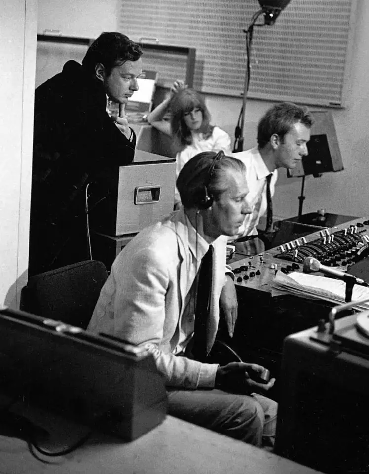 Brian Epstein, George Martin and Geoff Emerick at the worldwide satellite broadcast of All You Need Is Love (Our World), 25 June 1967