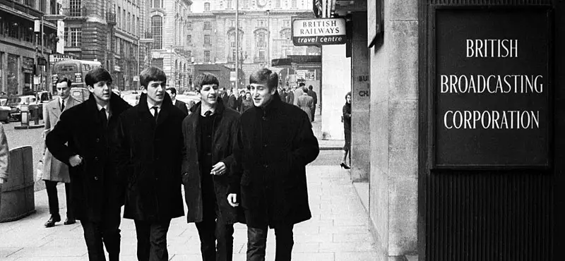 The Beatles outside a BBC radio studio