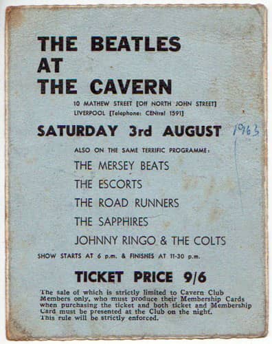 Ticket for The Beatles' final Cavern Club show, 3 August 1963