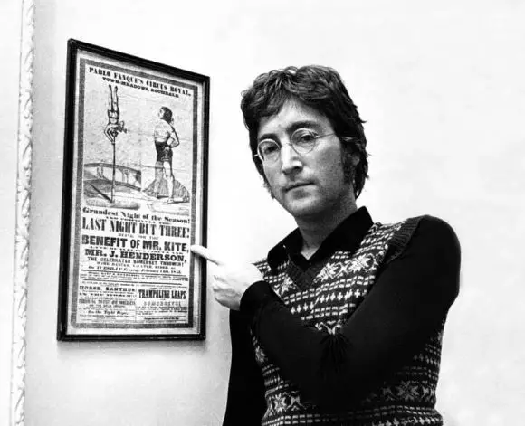 John Lennon with the Mr Kite poster, 1967