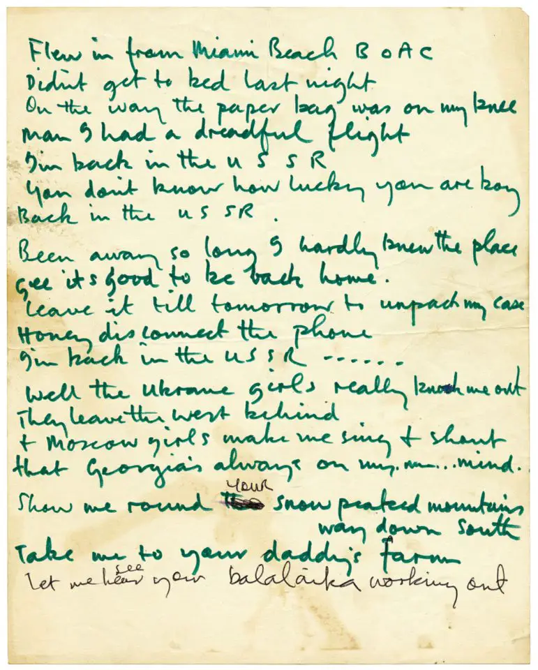 Paul McCartney's handwritten lyrics for Back In The USSR