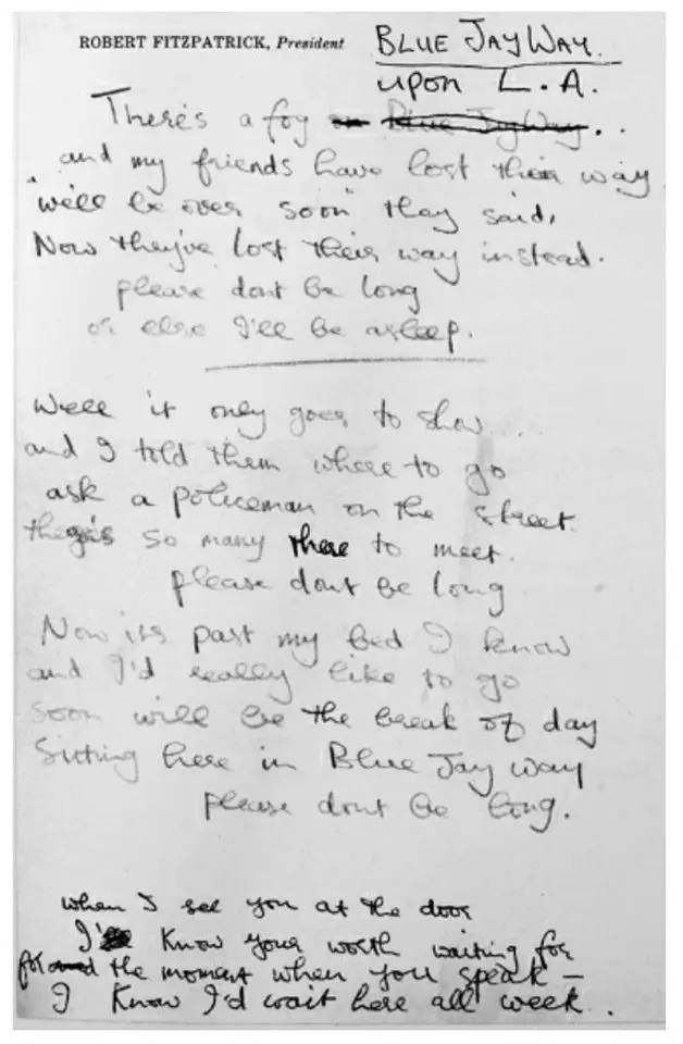 George Harrison's handwritten lyrics for Blue Jay Way