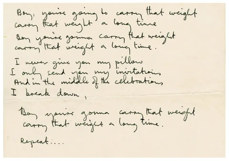 Paul McCartney's handwritten lyrics for Carry That Weight