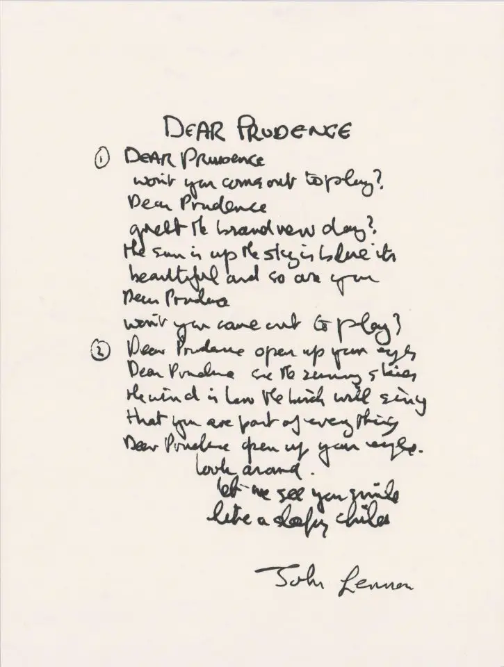 John Lennon's handwritten lyrics for Dear Prudence