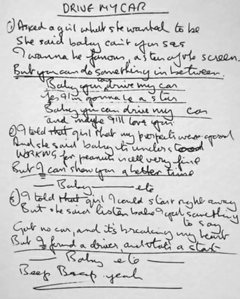Paul McCartney's handwritten lyrics for Drive My Car