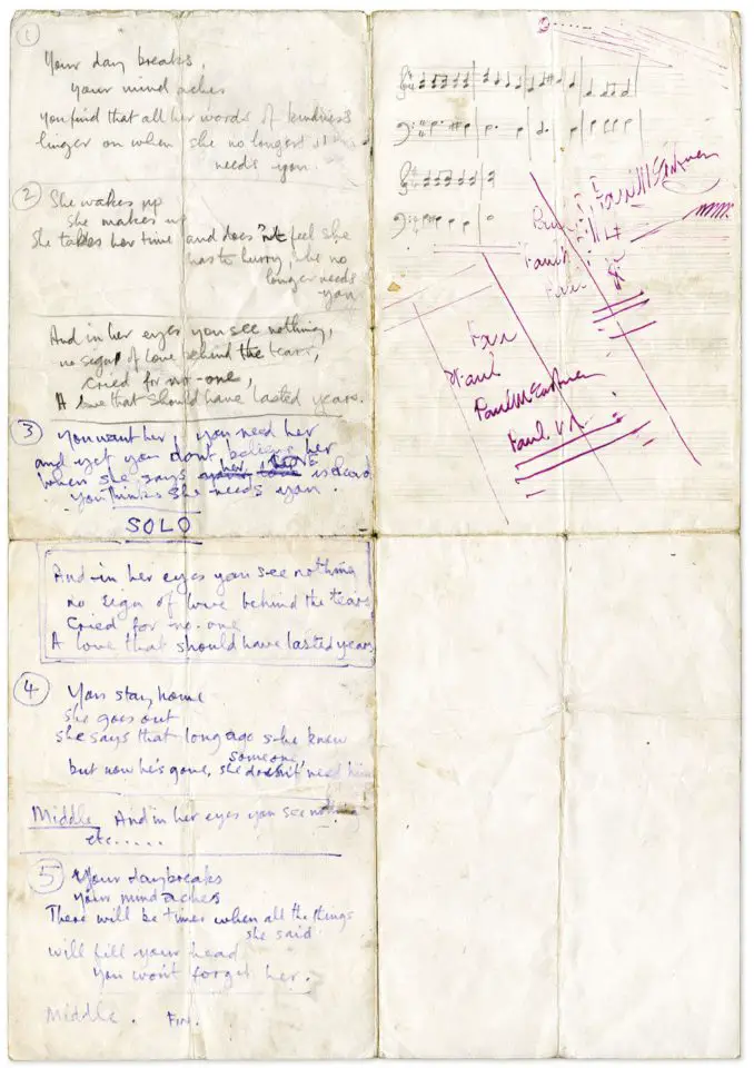 Paul McCartney's handwritten lyrics for For No One