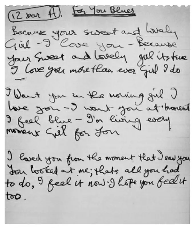 George Harrison's handwritten lyrics for For You Blue