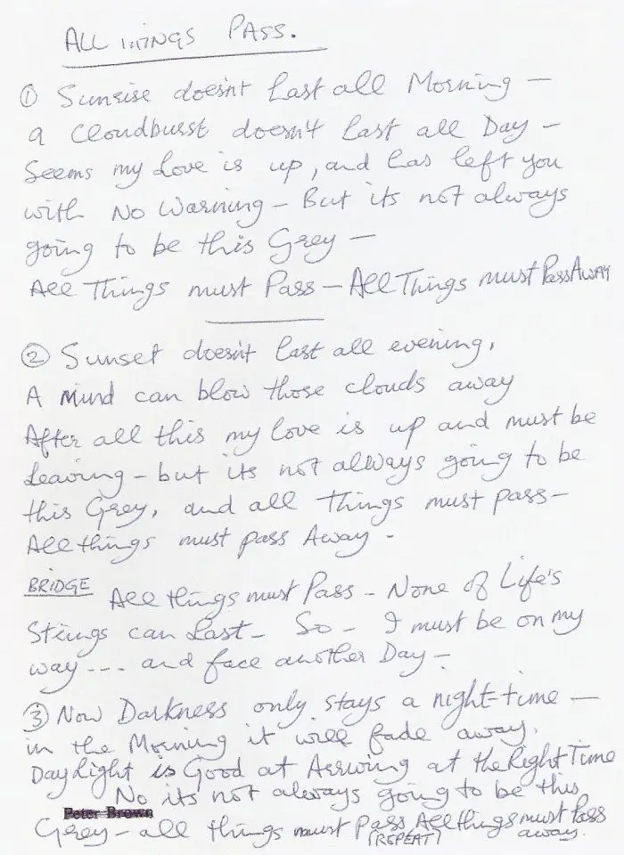 George Harrison's handwritten lyrics for All Things Must Pass