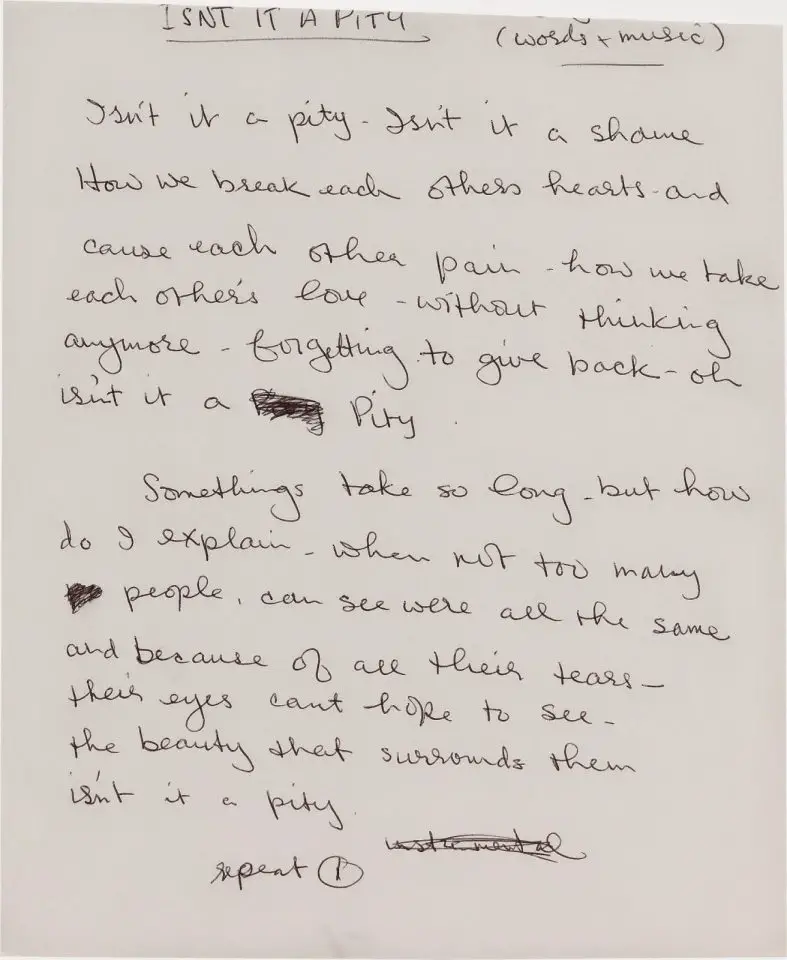 George Harrison's handwritten lyrics for Isn't It A Pity