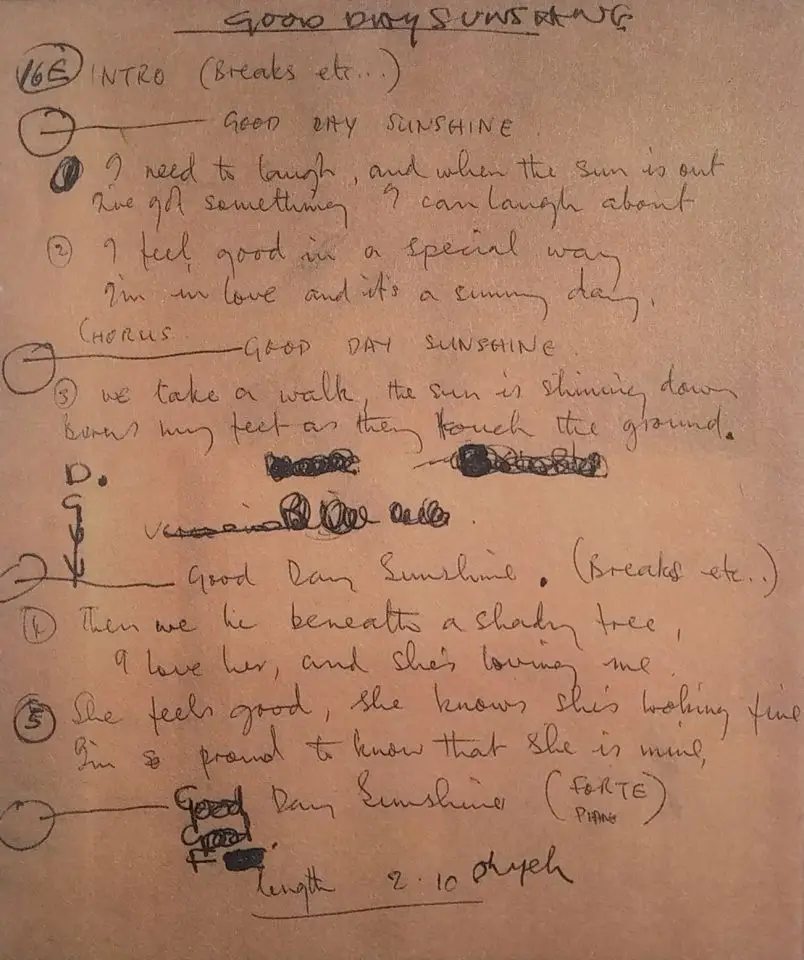 Paul McCartney's lyrics for Good Day Sunshine, 1966
