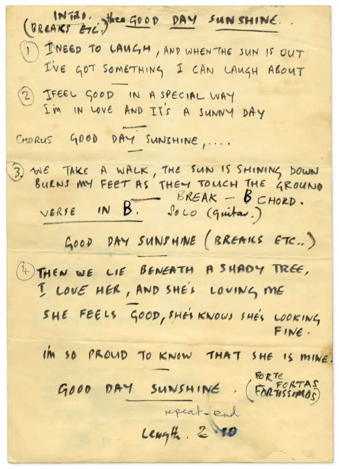 Paul McCartney's handwritten lyrics for Good Day Sunshine
