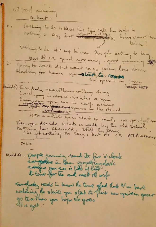 John Lennon's handwritten lyrics for Good Morning Good Morning