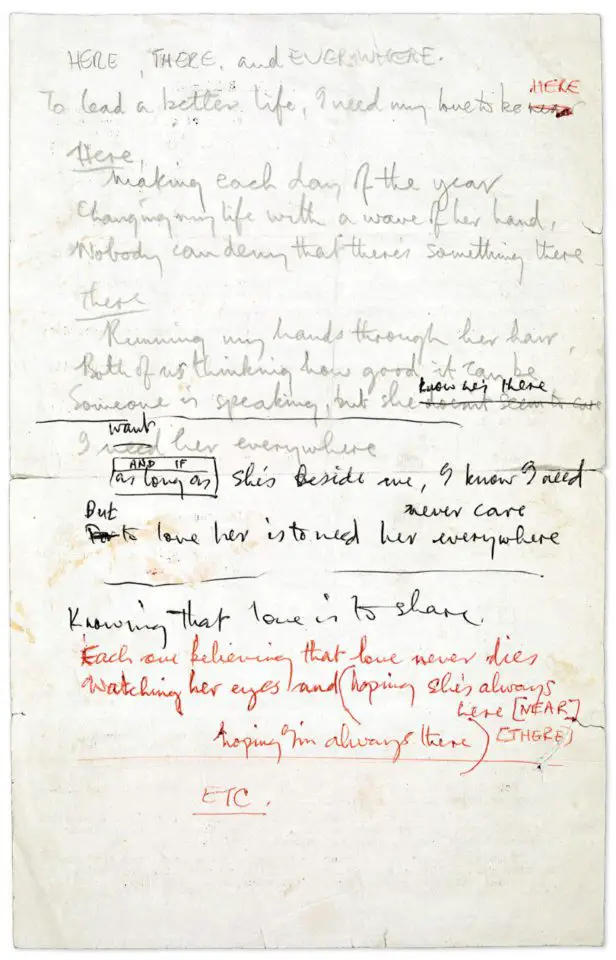 Paul McCartney's handwritten lyrics for Here, There And Everywhere