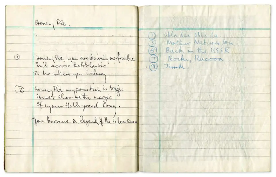 Paul McCartney's handwritten lyrics for Honey Pie