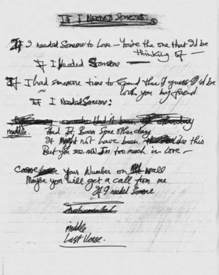 George Harrison's handwritten lyrics for If I Needed Someone