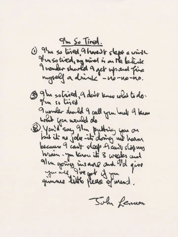John Lennon's handwritten lyrics for I'm So Tired