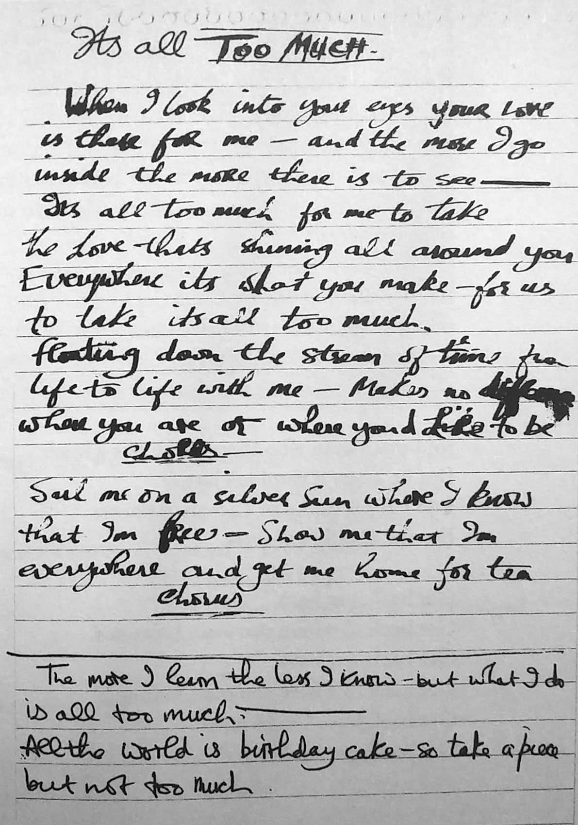 George Harrison’s lyrics for It's All Too Much, 1967