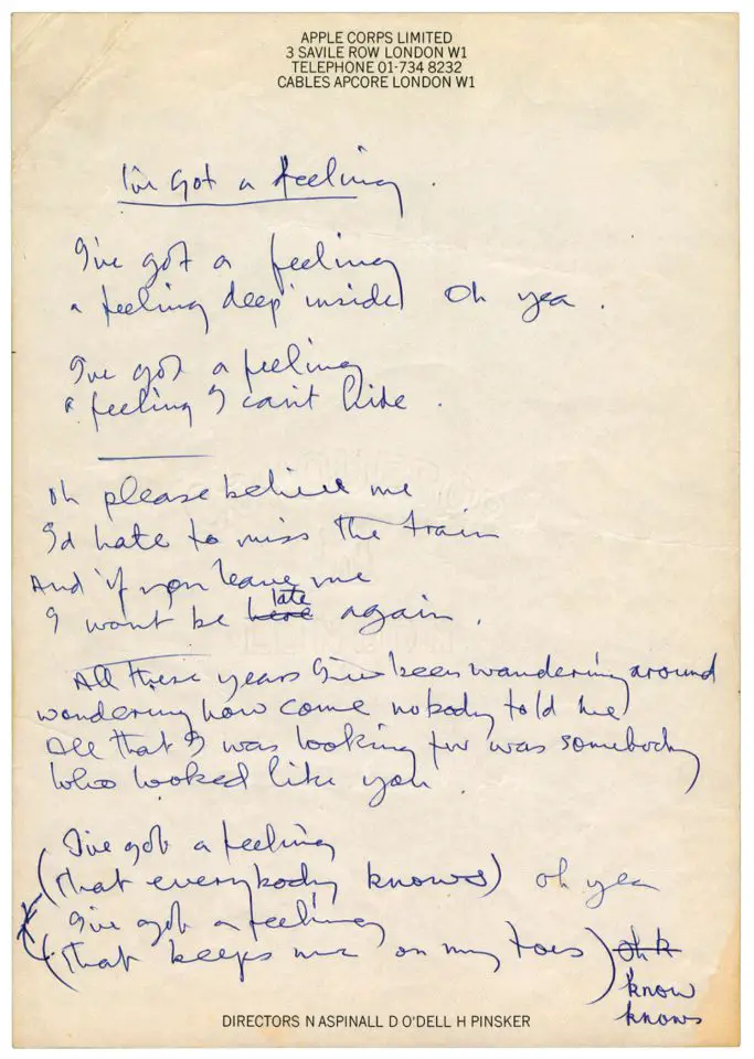 Paul McCartney's handwritten lyrics for I've Got A Feeling