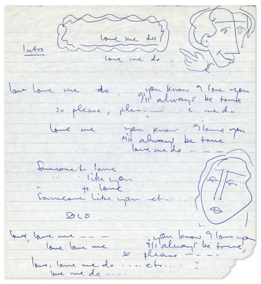 Paul McCartney's handwritten lyrics for Love Me Do