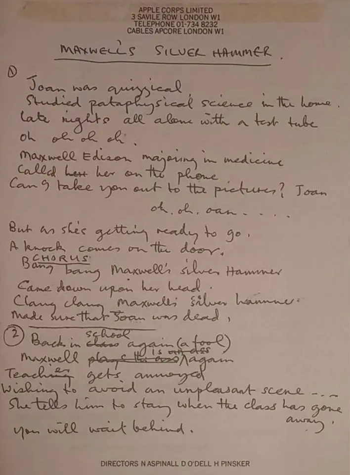 Paul McCartney's lyrics for Maxwell's Silver Hammer