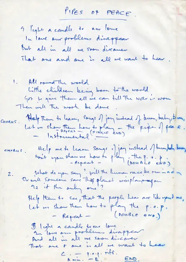 Paul McCartney's handwritten lyrics for Pipes Of Peace