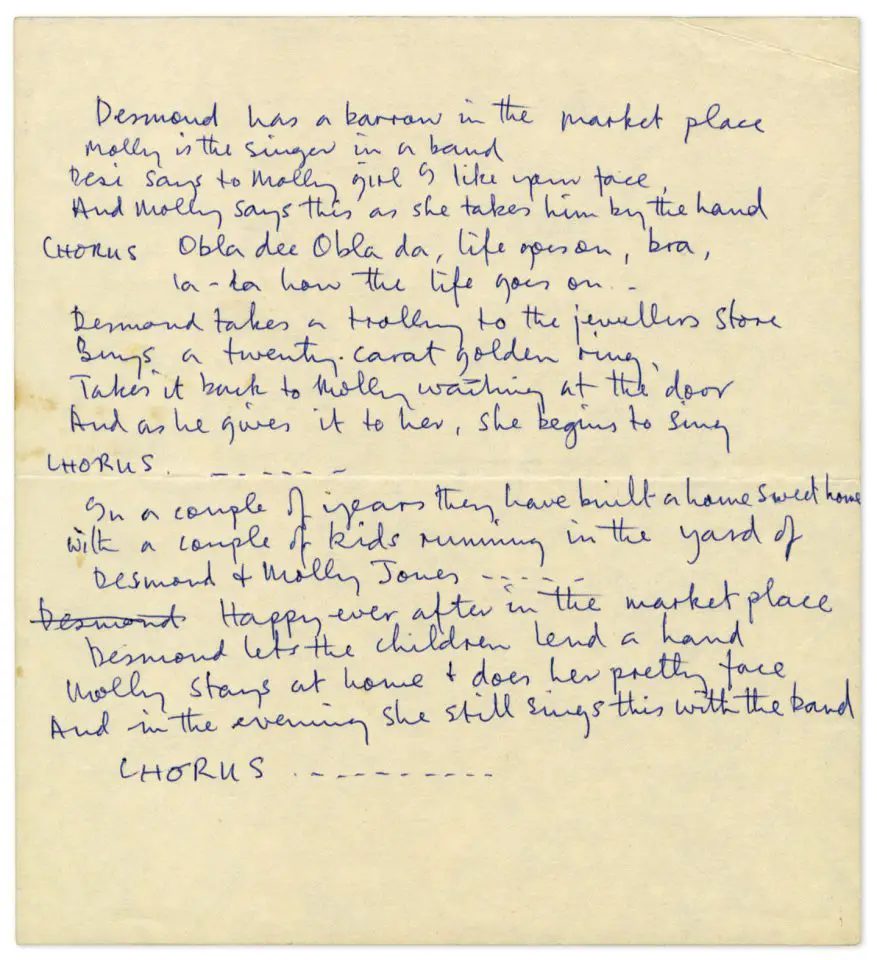 Paul McCartney's handwritten lyrics for Ob-La-Di, Ob-La-Da