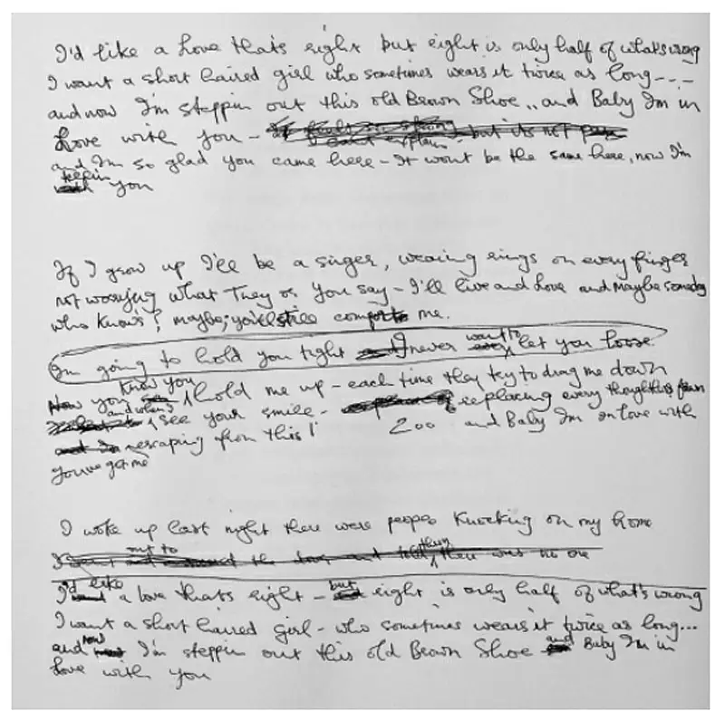 George Harrison's handwritten lyrics for Old Brown Shoe