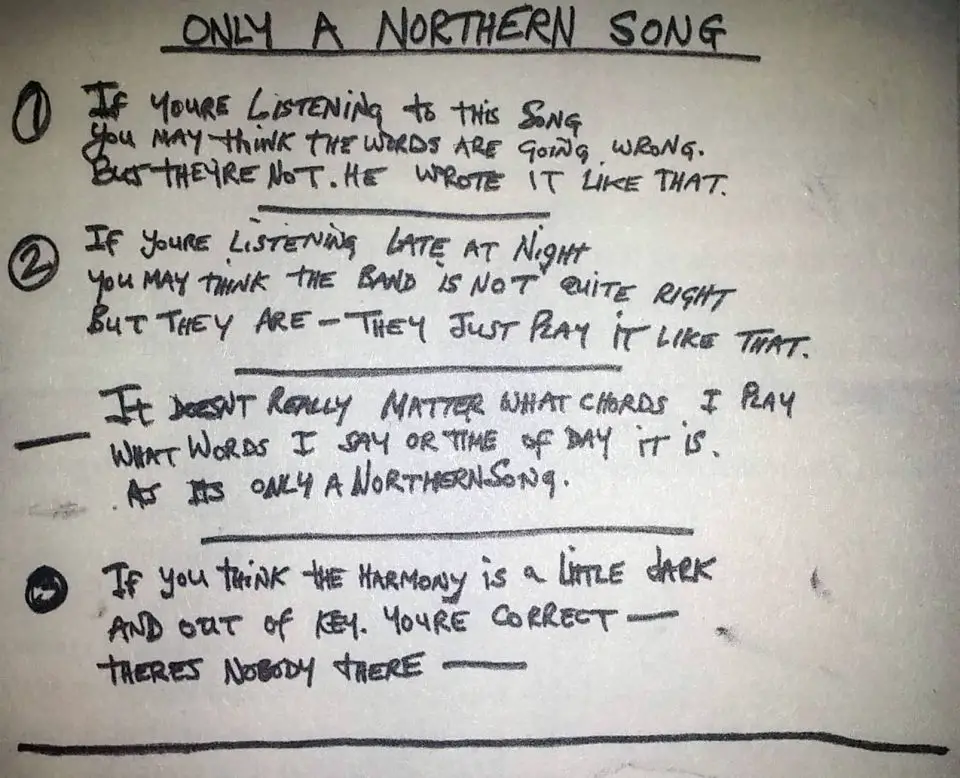 George Harrison's lyrics for Only A Northern Song