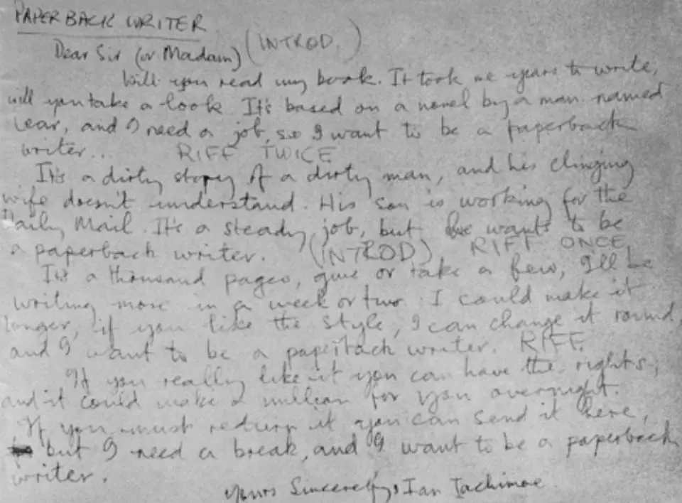 Paul McCartney's handwritten lyrics for Paperback Writer