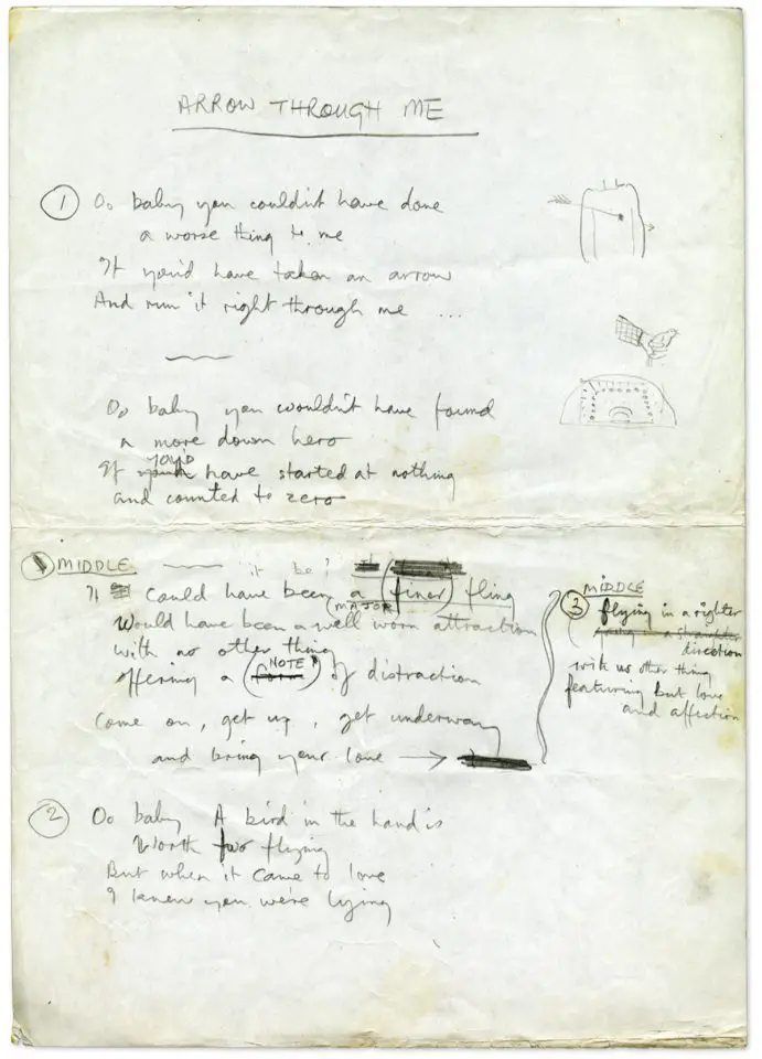 Paul McCartney’s handwritten lyrics for Arrow Through Me