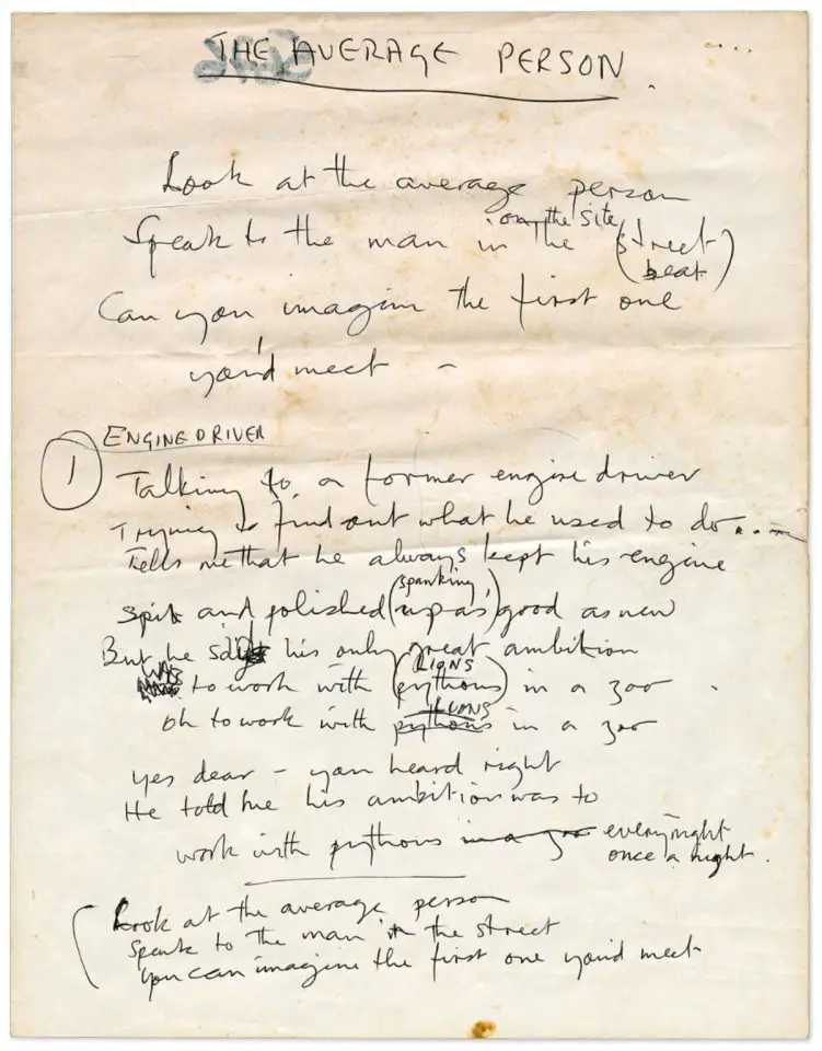 Paul McCartney's handwritten lyrics for Average Person
