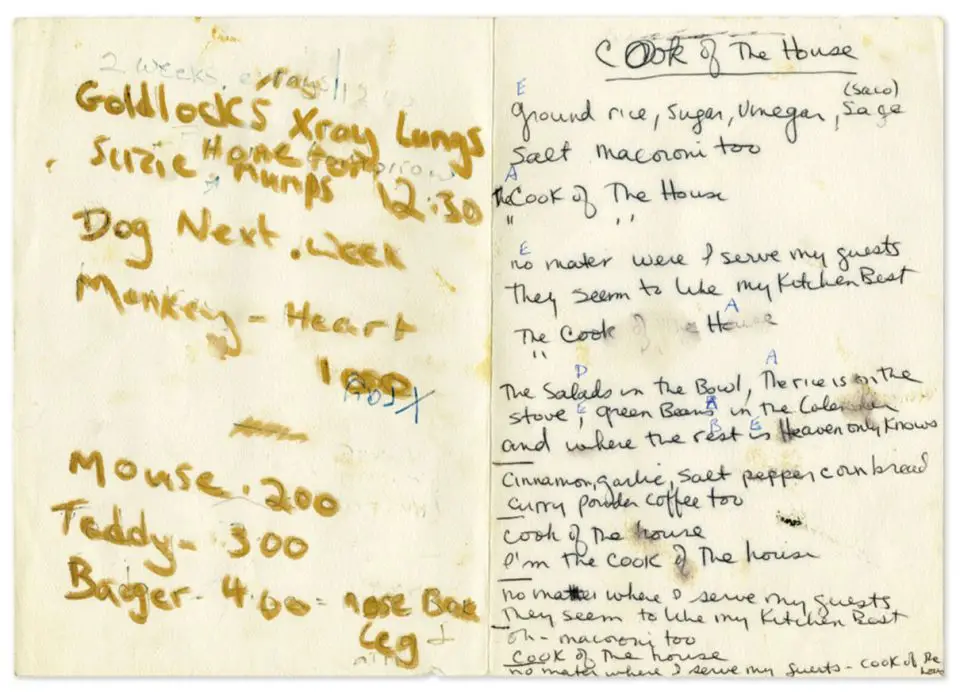Paul McCartney's handwritten lyrics for Cook Of The House