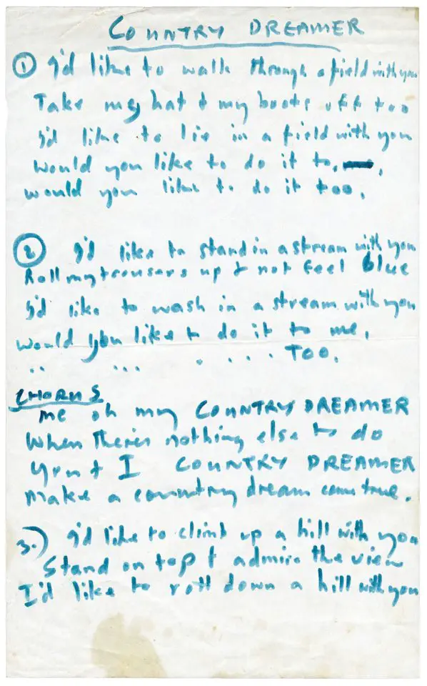 Paul McCartney's handwritten lyrics for Country Dreamer