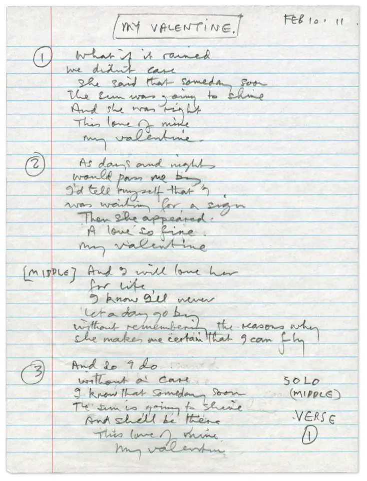 Paul McCartney's handwritten lyrics for My Valentine