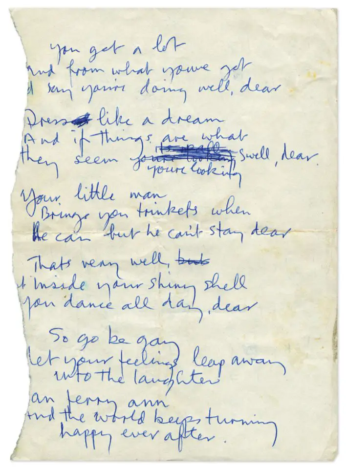 Paul McCartney’s handwritten lyrics for San Ferry Anne