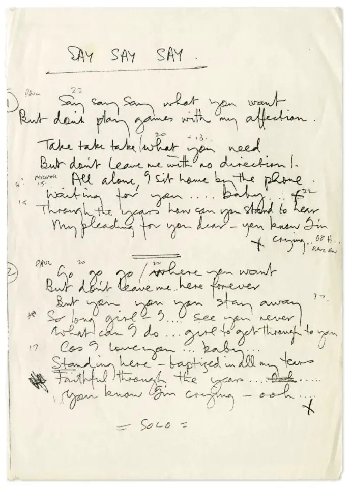 Paul McCartney's handwritten lyrics for Say Say Say