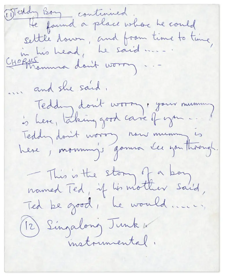 Paul McCartney's handwritten lyrics for Teddy Boy