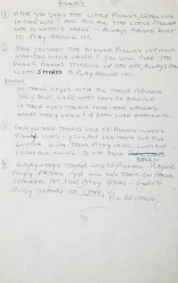 George Harrison's handwritten lyrics for Piggies