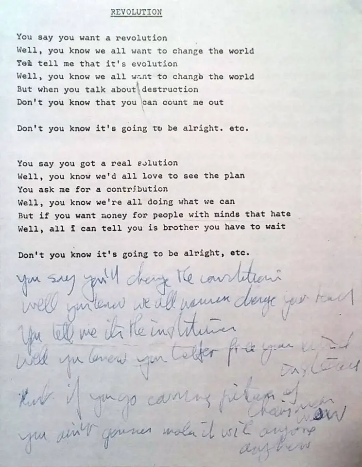 John Lennon’s lyrics for Revolution, 1968