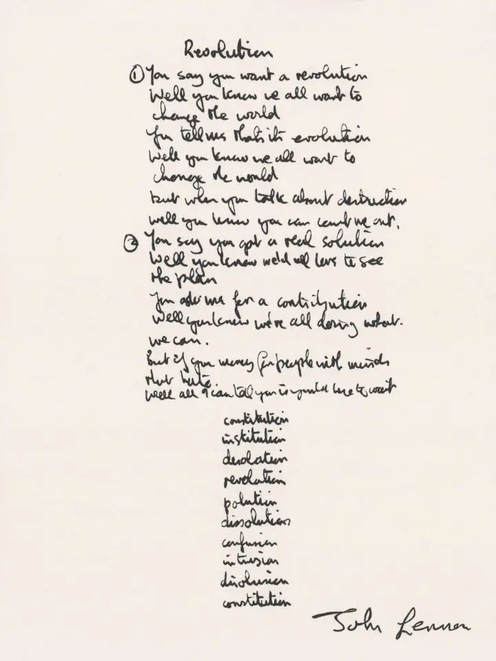 John Lennon's handwritten lyrics for Revolution