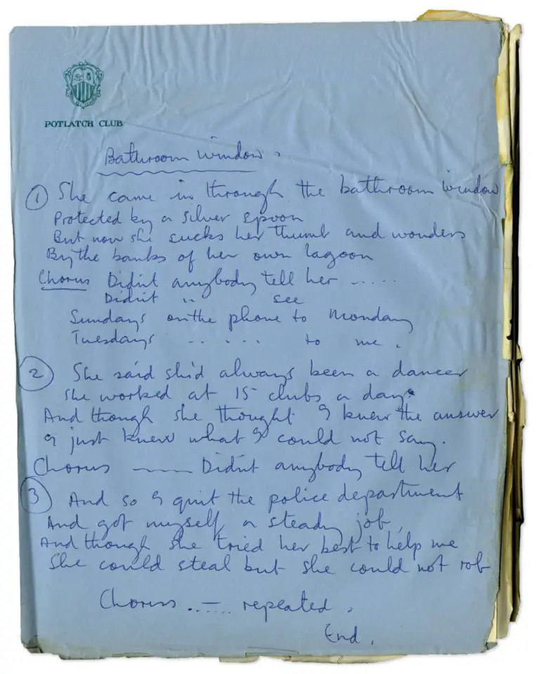 Paul McCartney's handwritten lyrics for She Came In Through The Bathroom Window