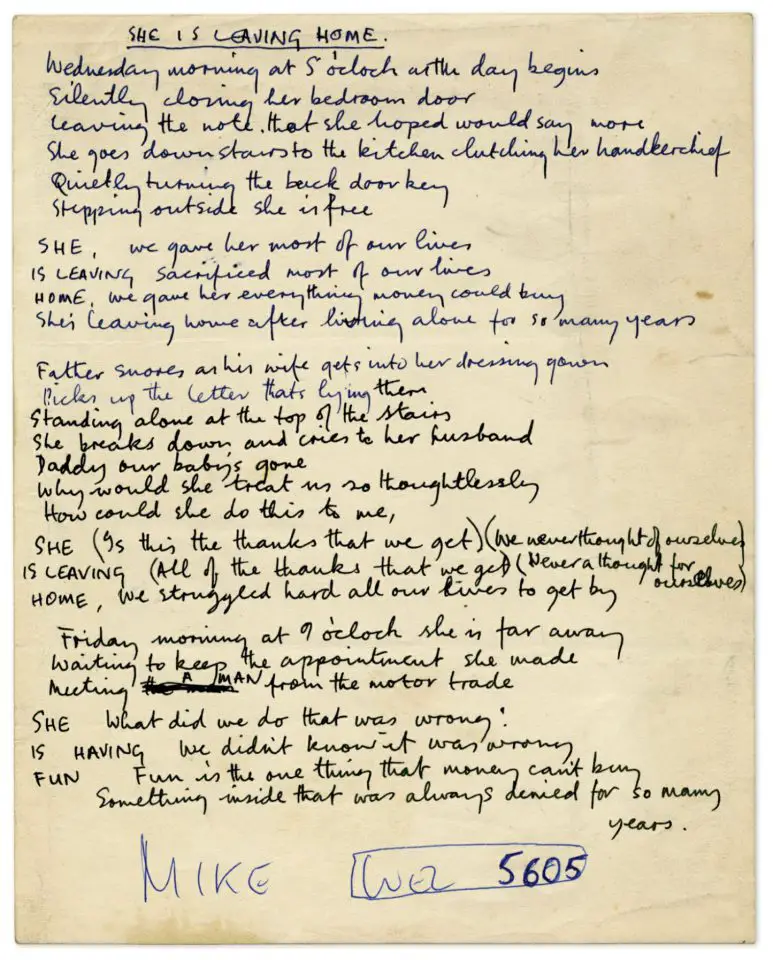 Paul McCartney's handwritten lyrics for She’s Leaving Home