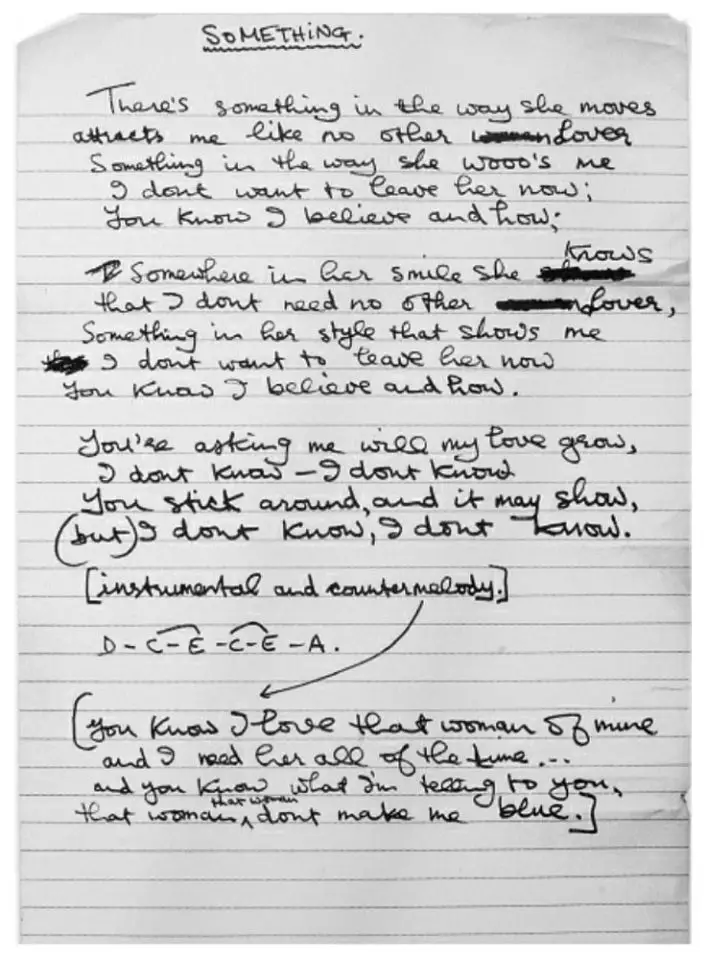George Harrison's handwritten lyrics for Something