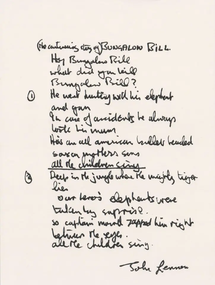 John Lennon's handwritten lyrics for The Continuing Story Of Bungalow Bill