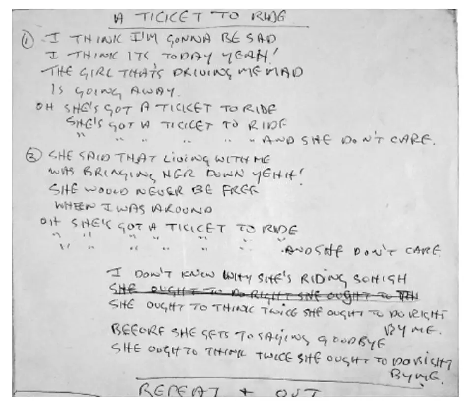 John Lennon's handwritten lyrics for Ticket To Ride