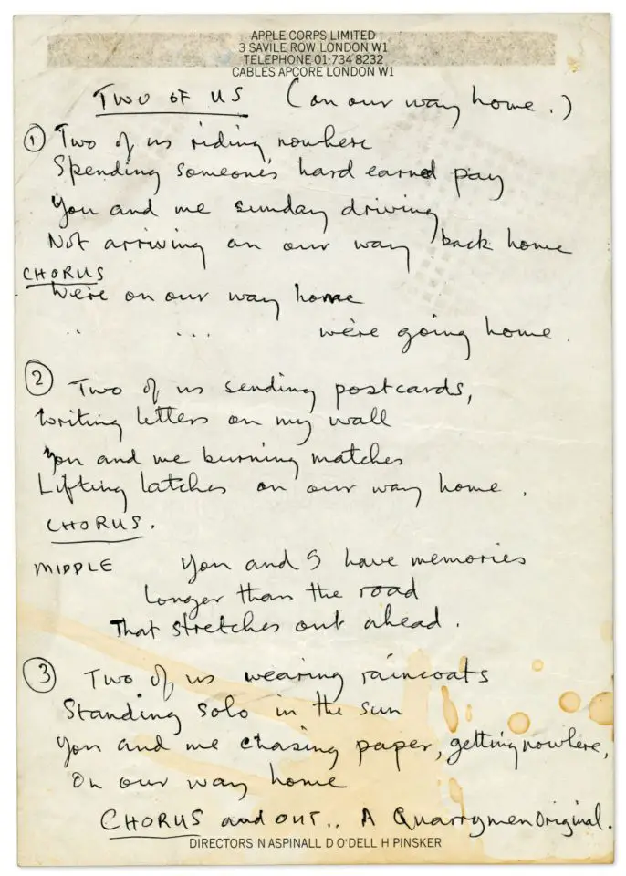 Paul McCartney's handwritten lyrics for Two Of Us
